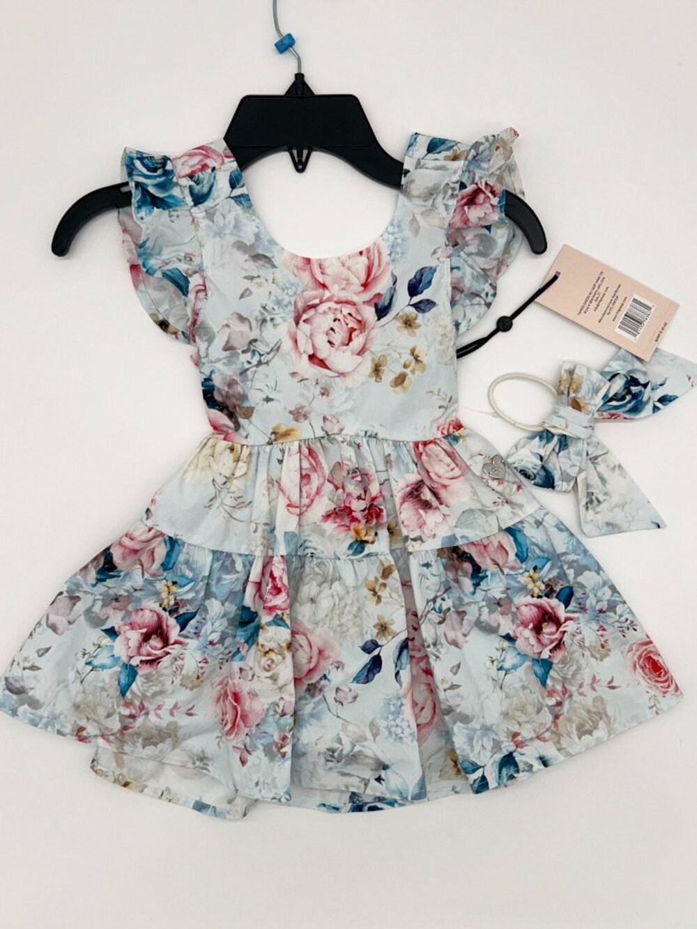 NWT Paris Hilton Girls 2T Short Sleeve Floral Dress with Bow Accessory